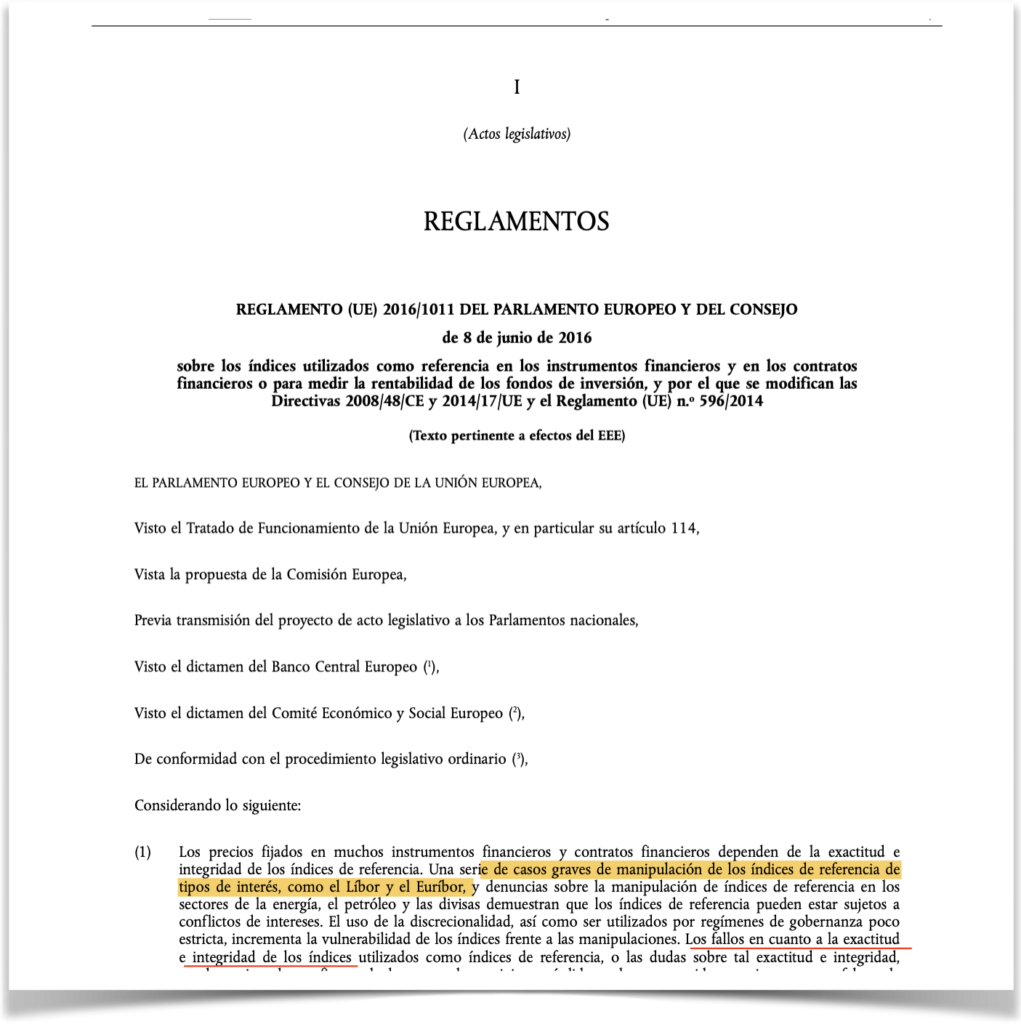 Párrafo del Reglamento UE 2016/1011 en el que se cita la manipulación del Euribor.